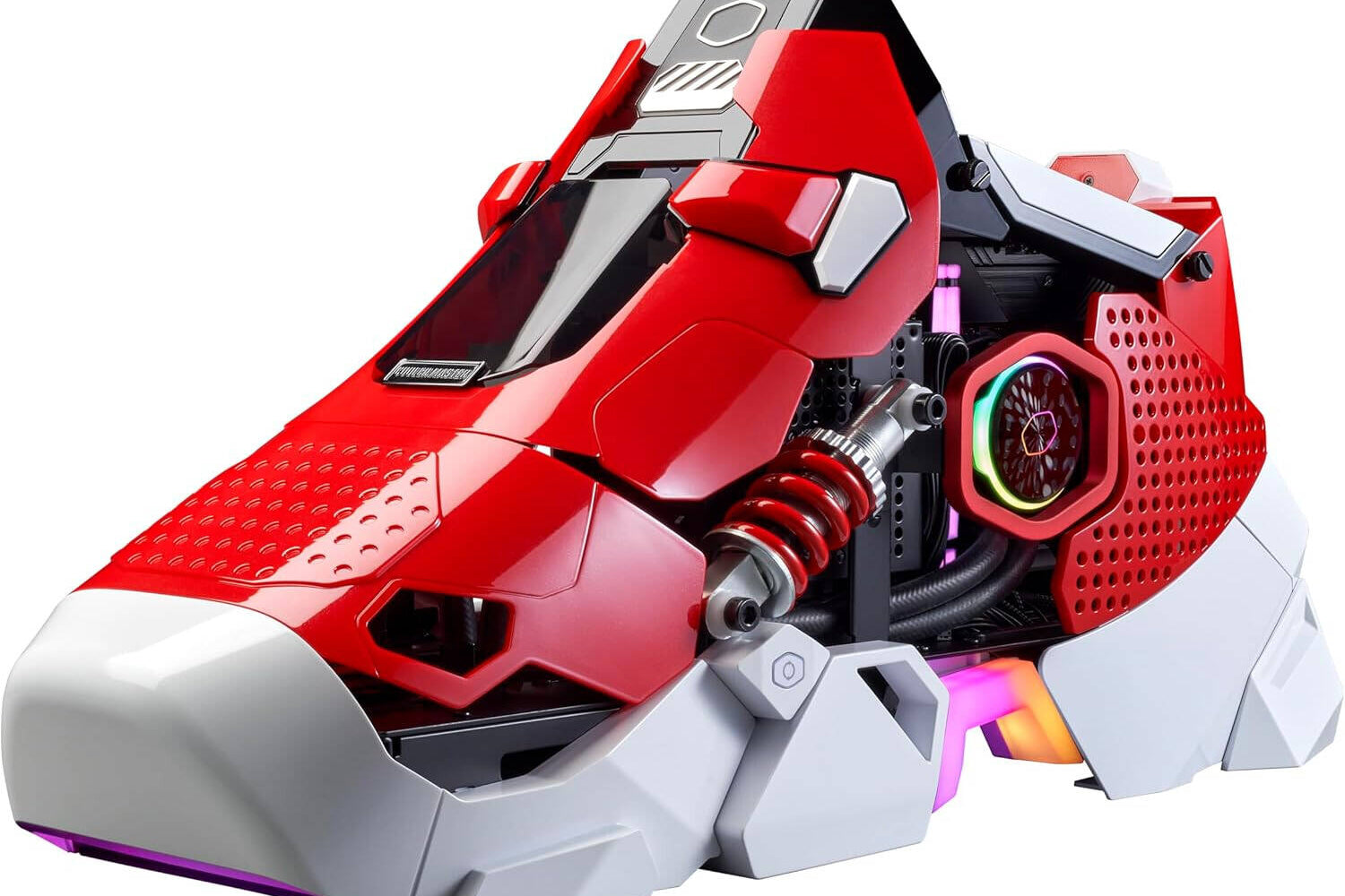 Red and gray robot toy with intricate design on a white background
