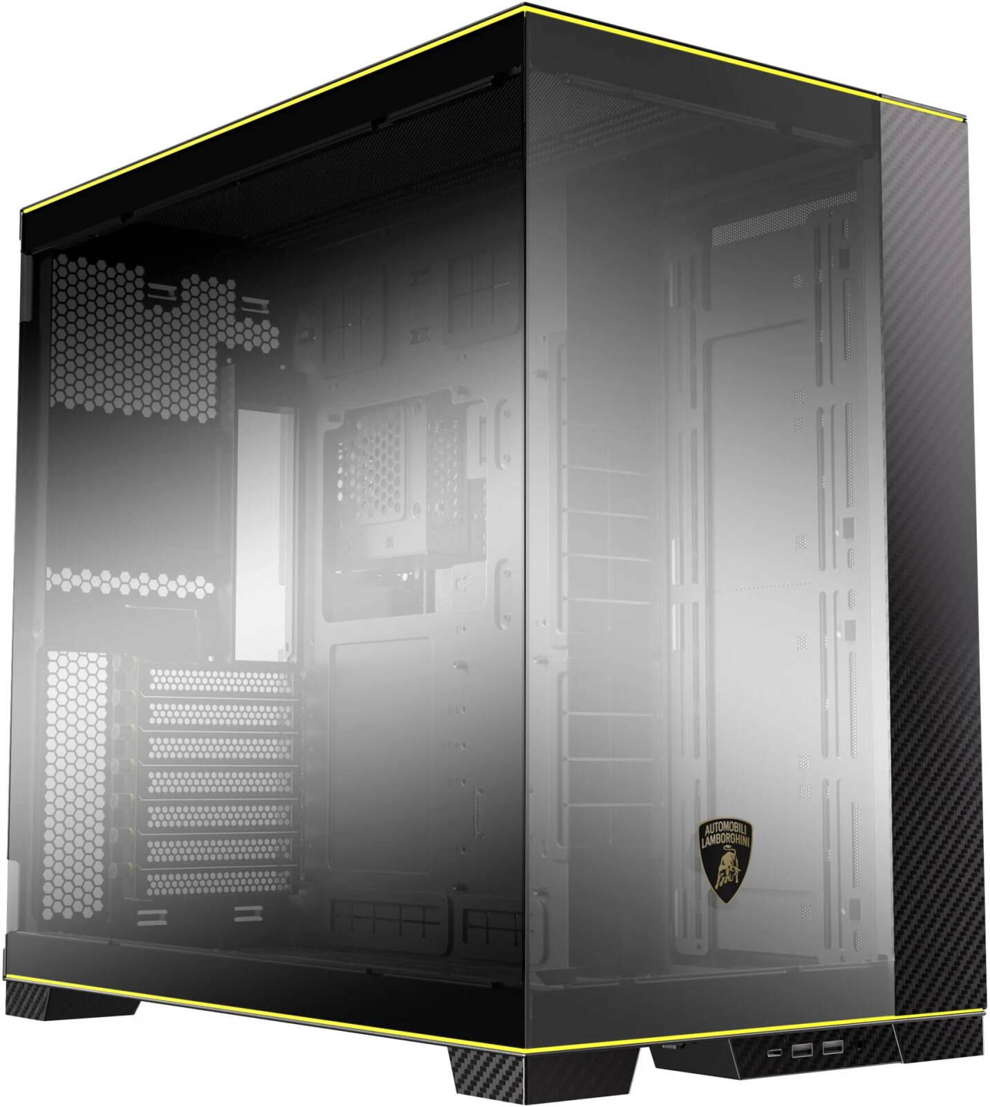 Lian Li O11D EVO RGB Automobili Lamborghini Edition Tower Computer Case, Up to 420mm Radiator & 9x Fan Support, 5″ LCD Display, 4mm Tempered Glass Panel Material, Black | G99.O11DERGBL.00