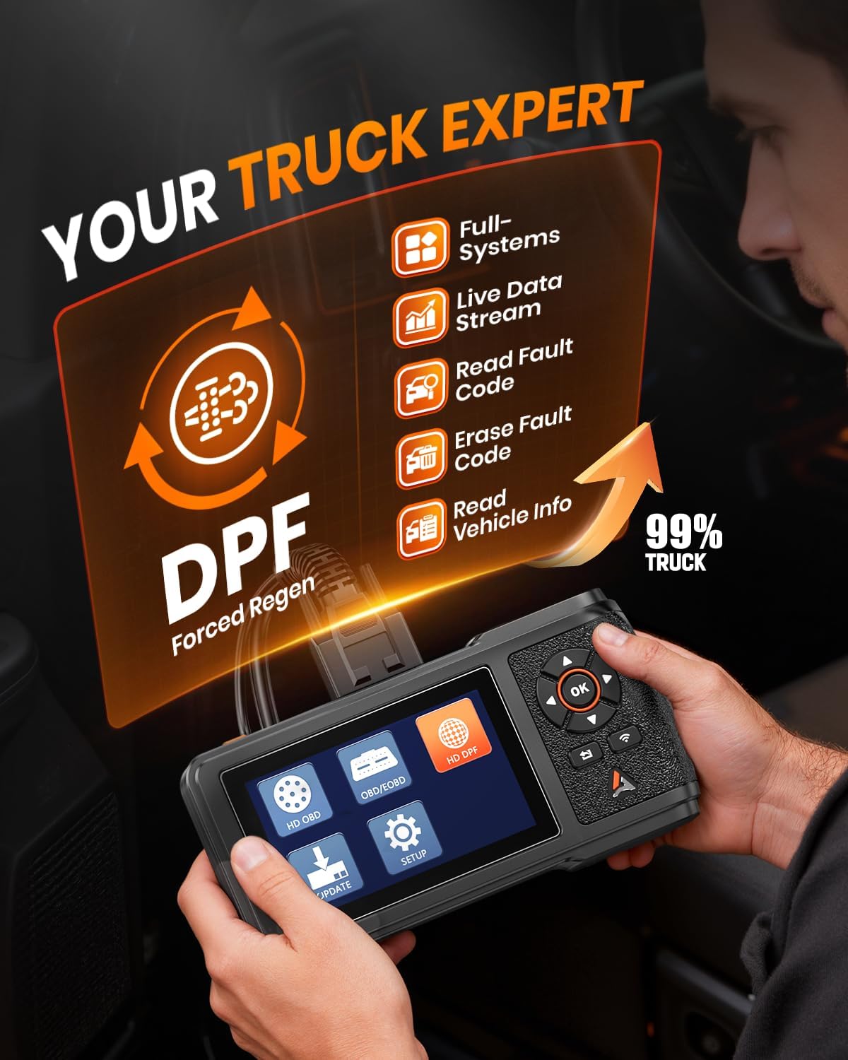 ANCEL HD431 Heavy Duty Truck Scanner, DPF Regen & Forced Reset for Paccar & Detroit Engines, Full System Diagnostics Diesel Code Reader, Professional OBD2/HDOBD Mechanic Tool for Commercial Vehicles