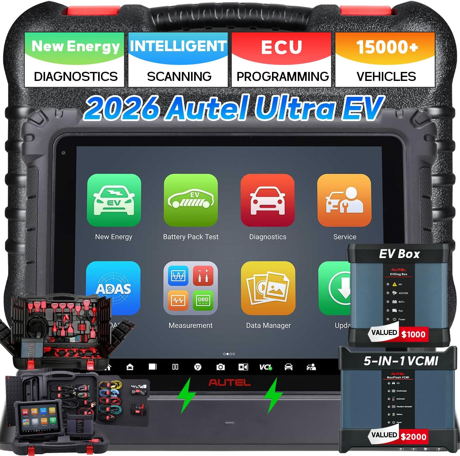 Autel MaxiSys Ultra EV Scanner, 2026 Top EV Intelligent Scan Diagnostic Tool, with 5-in-1 VCMI & EVDiag KIT, High-Voltage System & Battery Pack Analysis, Up of Ultra/ MS919/ MS909 EV, E-C*U Program