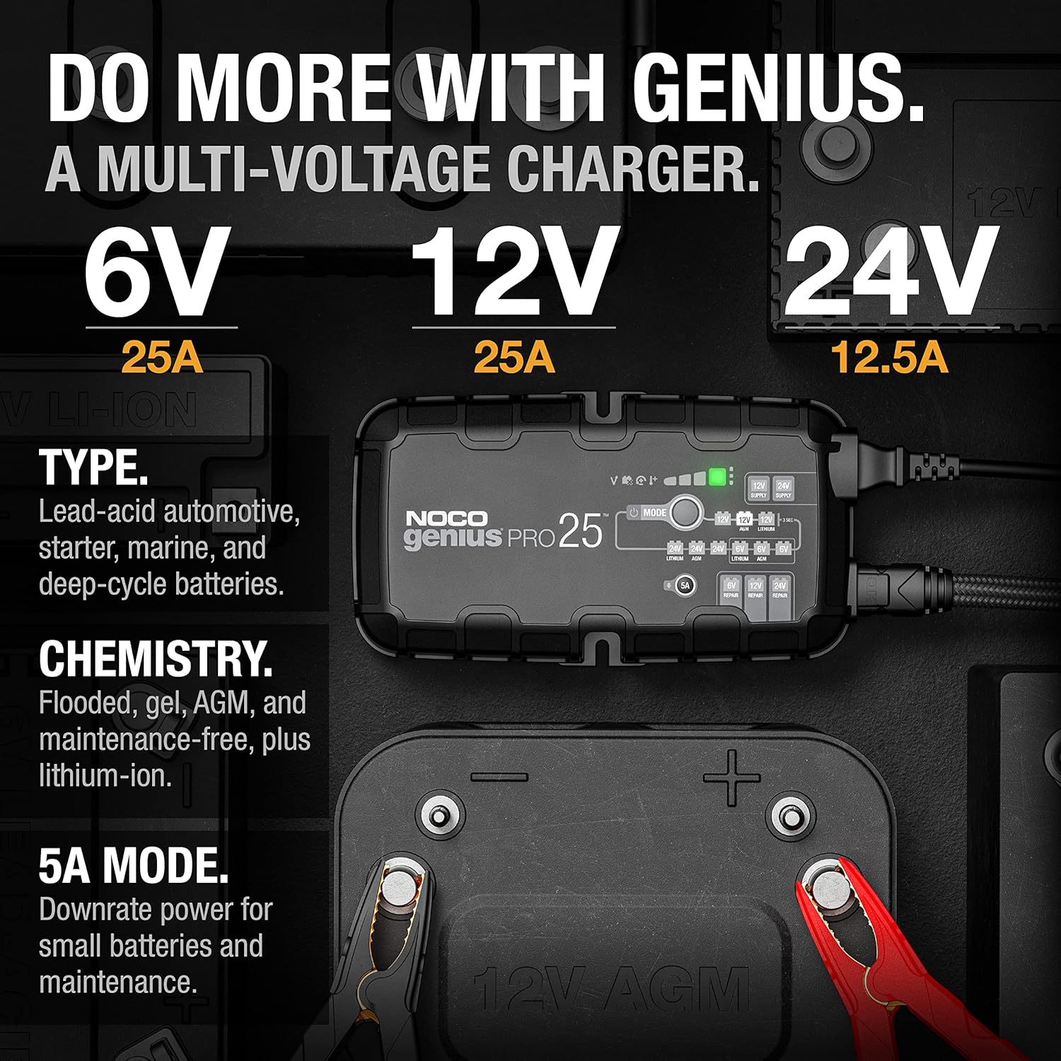 NOCO GENIUSPRO25: 25A 6V/12V/24V Professional Smart Battery Charger – Maintainer, Desulfator & Power Supply with Overcharge Protection & Thermal Compensation – for Lead-Acid & Lithium Batteries