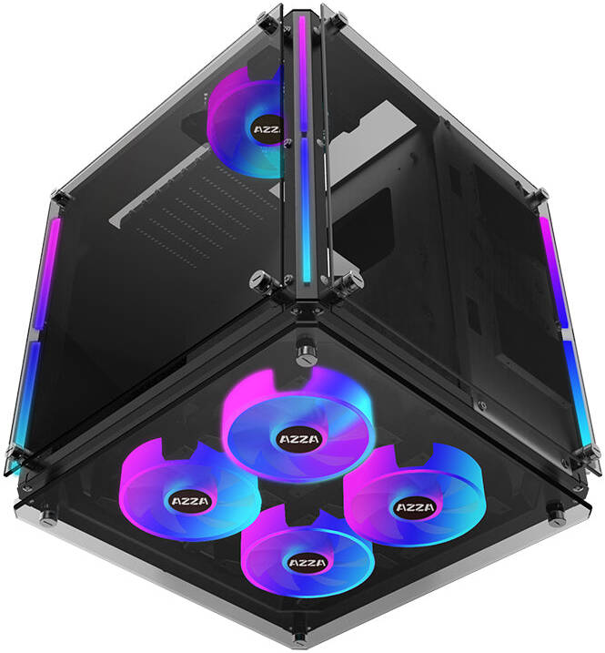 Azza CUBE 802F ATX Computer Case, 5x 120mm AZZA Hurricane II ARGB Pre-Installed Fans, Up to 240mm Radiator & 5x Fans Support, Dual-Chamber Chassis, Black | 52064