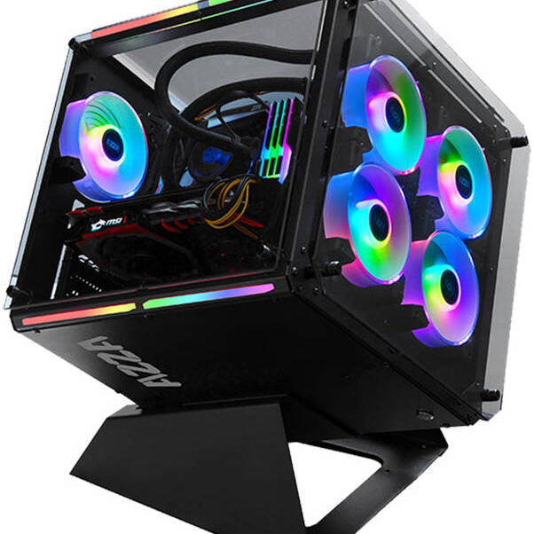 A computer case with RGB lighting on a white background