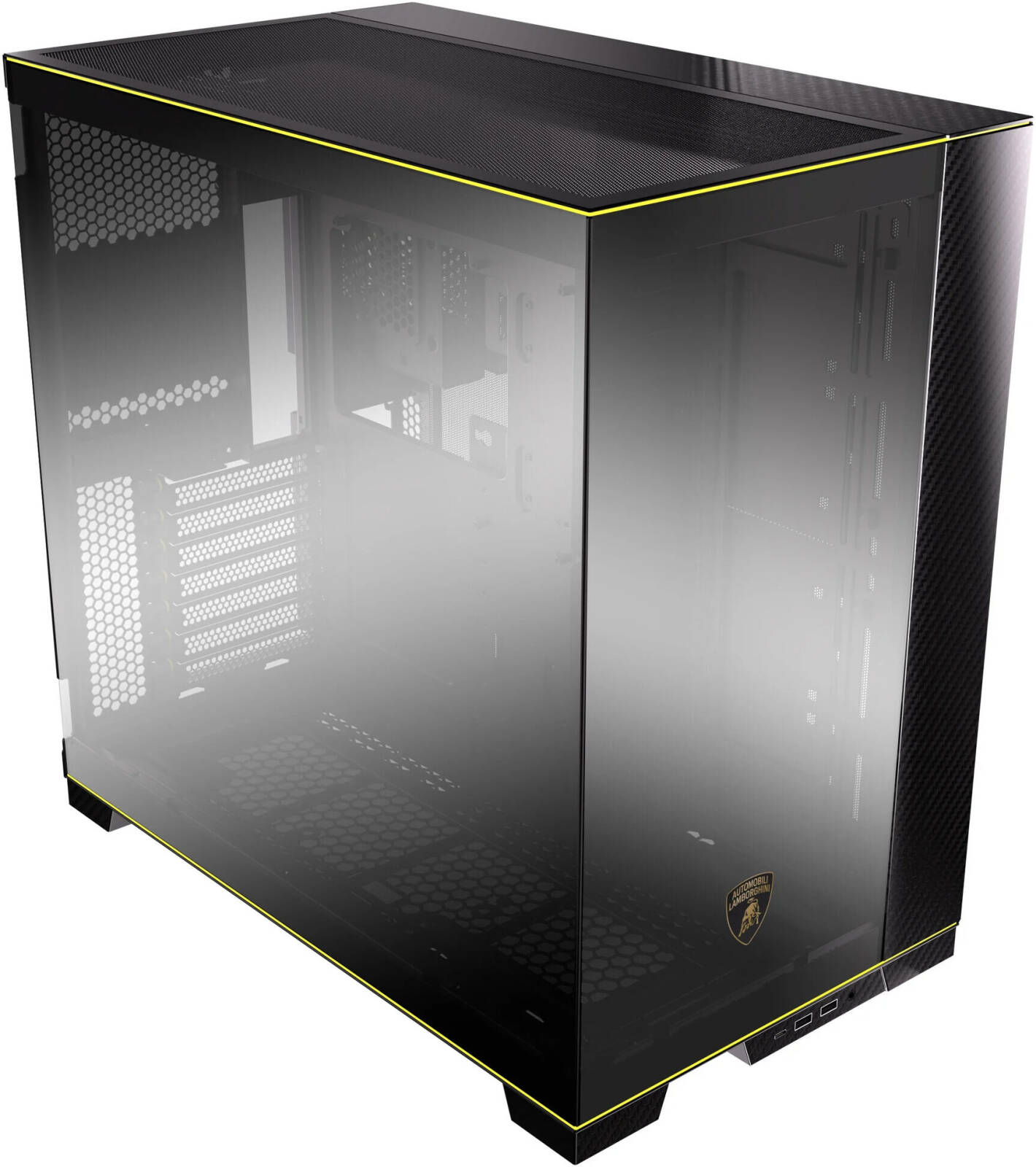 Lian Li O11D EVO RGB Automobili Lamborghini Edition Tower Computer Case, Up to 420mm Radiator & 9x Fan Support, 5″ LCD Display, 4mm Tempered Glass Panel Material, Black | G99.O11DERGBL.00