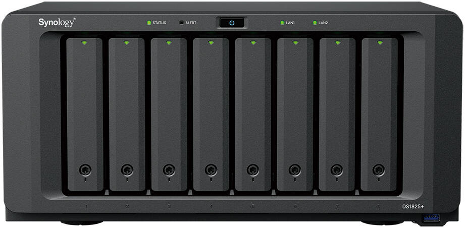 Synology DiskStation DS1825+ NAS Enclosure, AMD Ryzen V1500B, 8GB RAM, 8x Drive Bays, 3.5" SATA HDD, 2.5" SATA SSD, M.2 2280 NVMe SSD Support, 2x 2.5GbE LAN Ports, Black | DS1825+