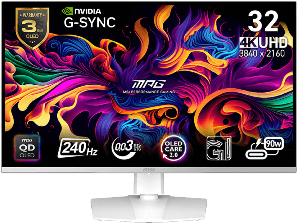 MSI MPG 321URXW Gaming Monitor, 32" QD-OLED Display, 4K UHD Resolution, 240Hz Refresh Rate, 0.03ms (GtG) Response Time, NVIDIA G-Sync Compatible, White | MPG-321URXW-QD-OLED