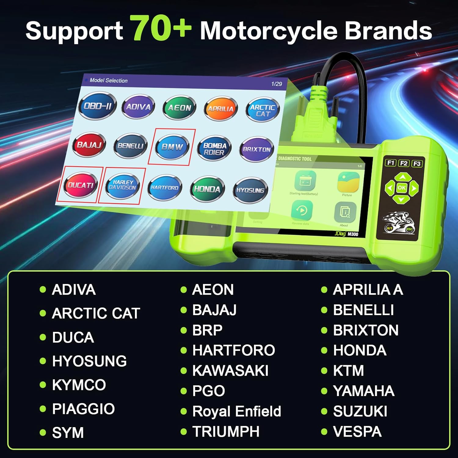 Motorcycle Scanner Diagnostic Tool, Battery Tester for Motorbike with Printer, Motorcycle Check Engine Code Reader, Read/Clear Fault Code, M300